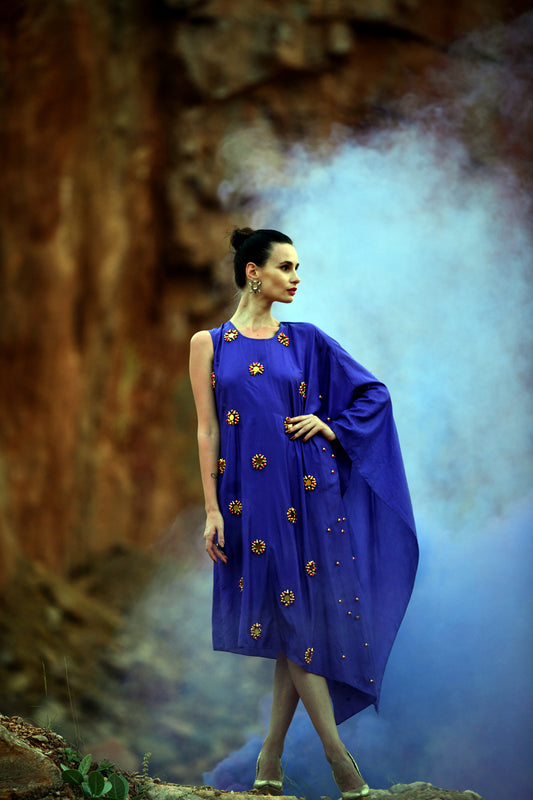 Purple Pure Silk Round 3D Embroidered Draped Dress